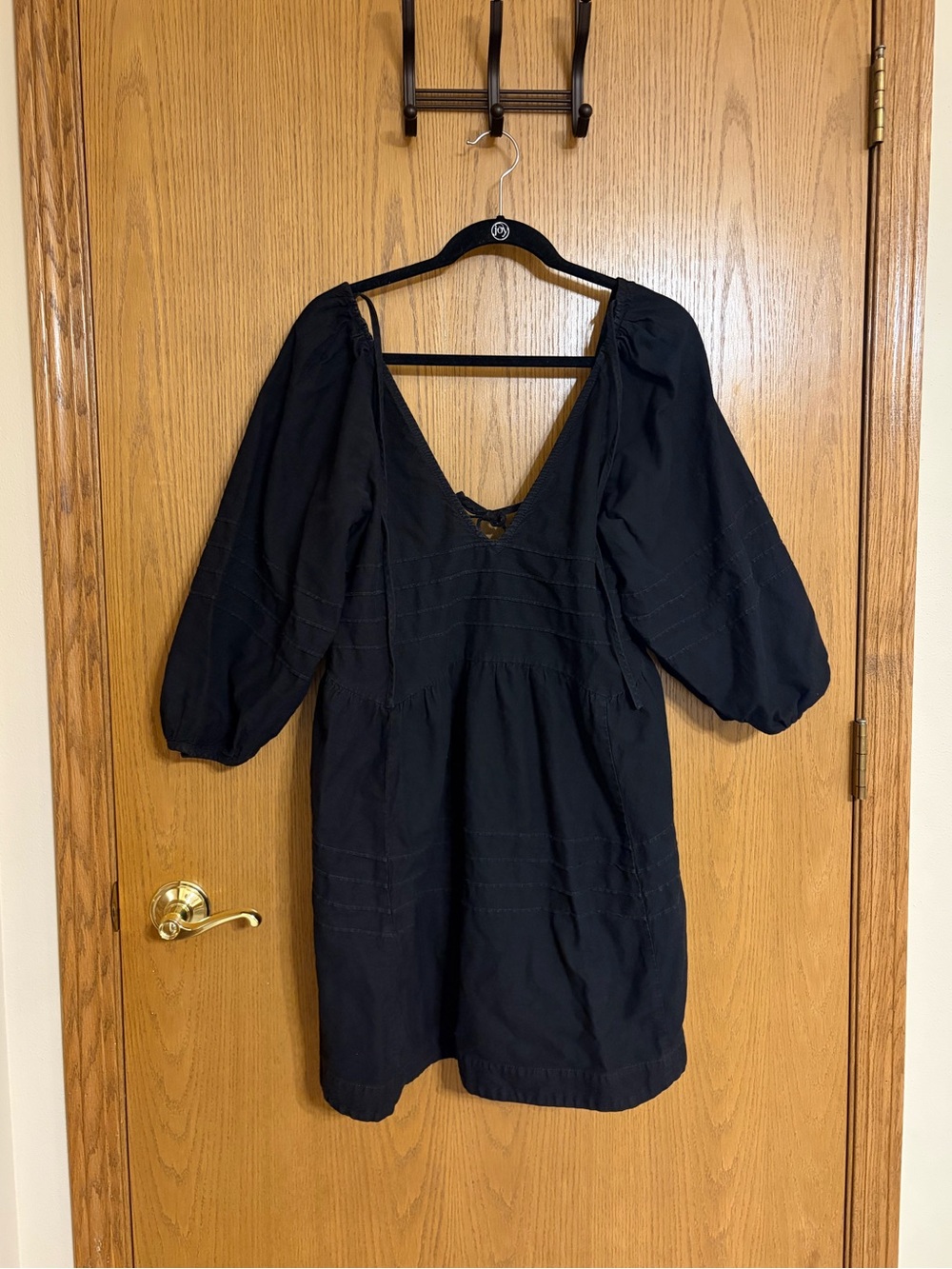 free people Women's Black Puff Sleeve Tie Neck Mini Dress